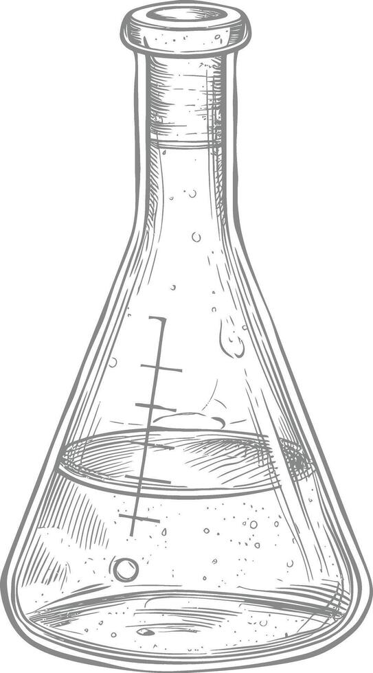 erlenmeyer flask tube laboratory glassware with engraving style black color only vector