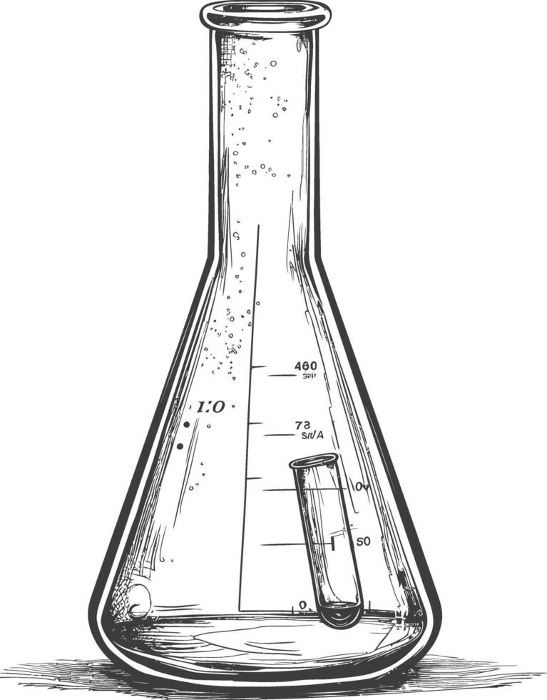 erlenmeyer flask tube laboratory glassware with engraving style black color only vector
