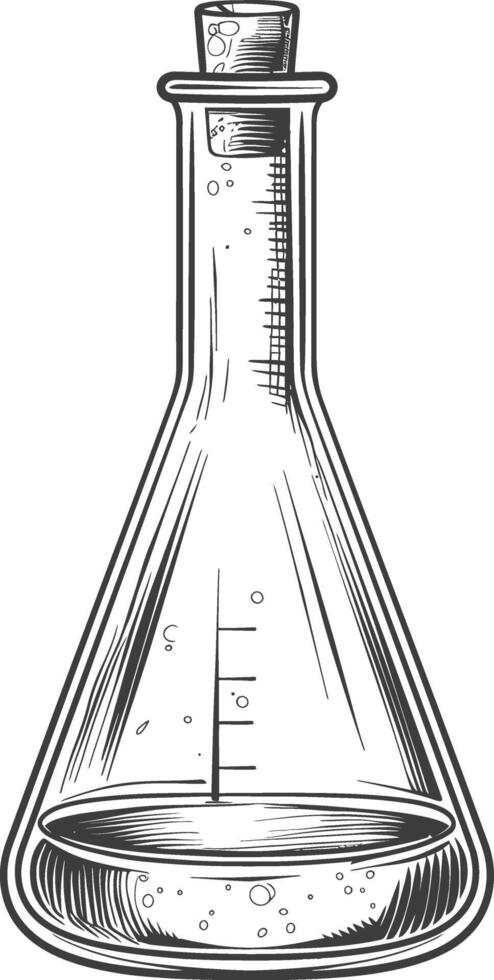 erlenmeyer flask tube laboratory glassware with engraving style black color only vector