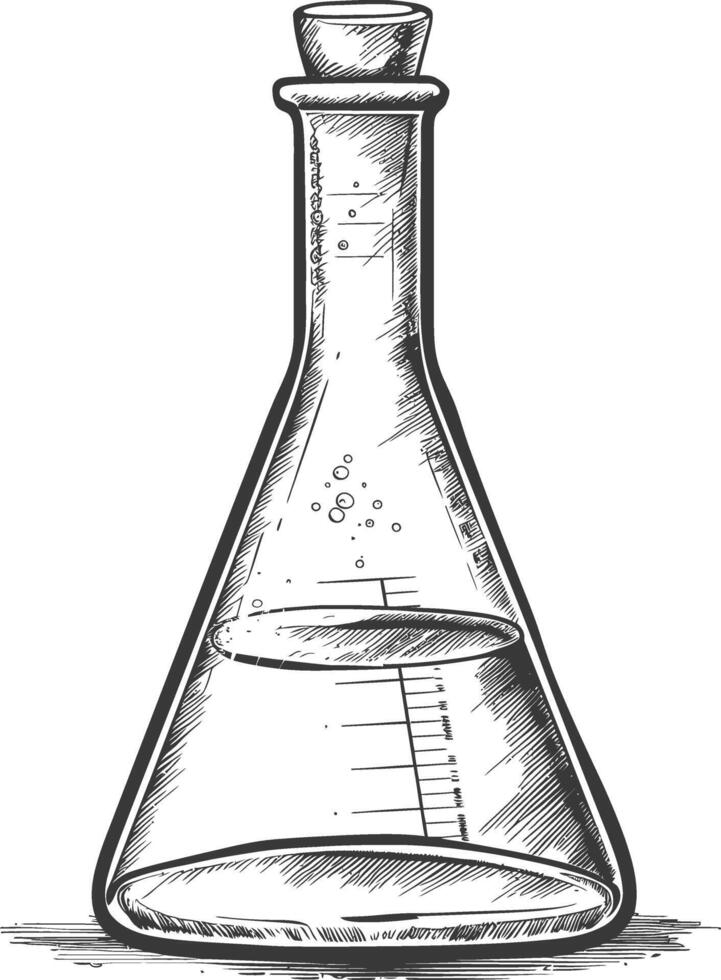 erlenmeyer flask tube laboratory glassware with engraving style black color only vector