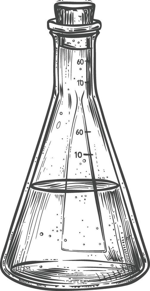 erlenmeyer flask tube laboratory glassware with engraving style black color only vector