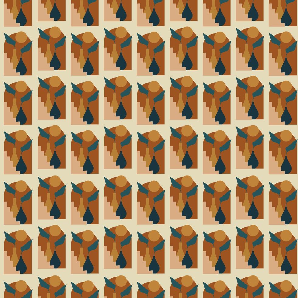 Pattern with vases aesthetic illustration. Boho decoration elements and pottery endless texture. vector