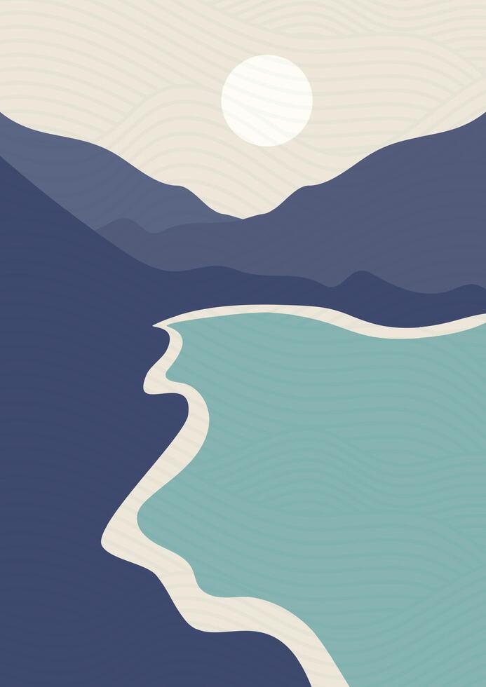 Seaside and mountains landscape illustration poster. Minimalistic modern cartoon 2d art. vector