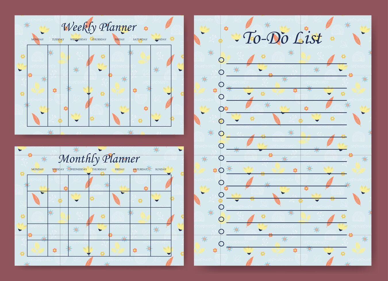 Business organizer blue paper sheets. Planners and to-do list springtime worksheet template set vector