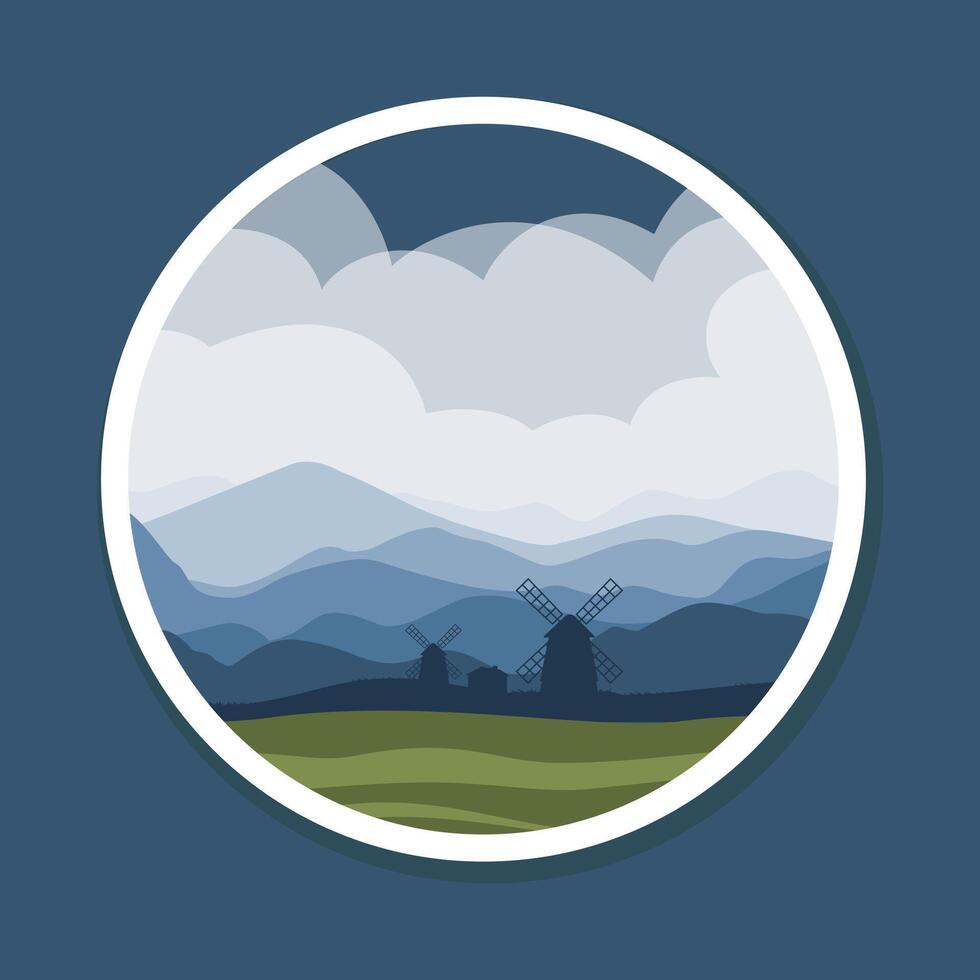 Emblem patch illustration of Holland windmill. Rural summer landscape of beautiful summer fields. vector