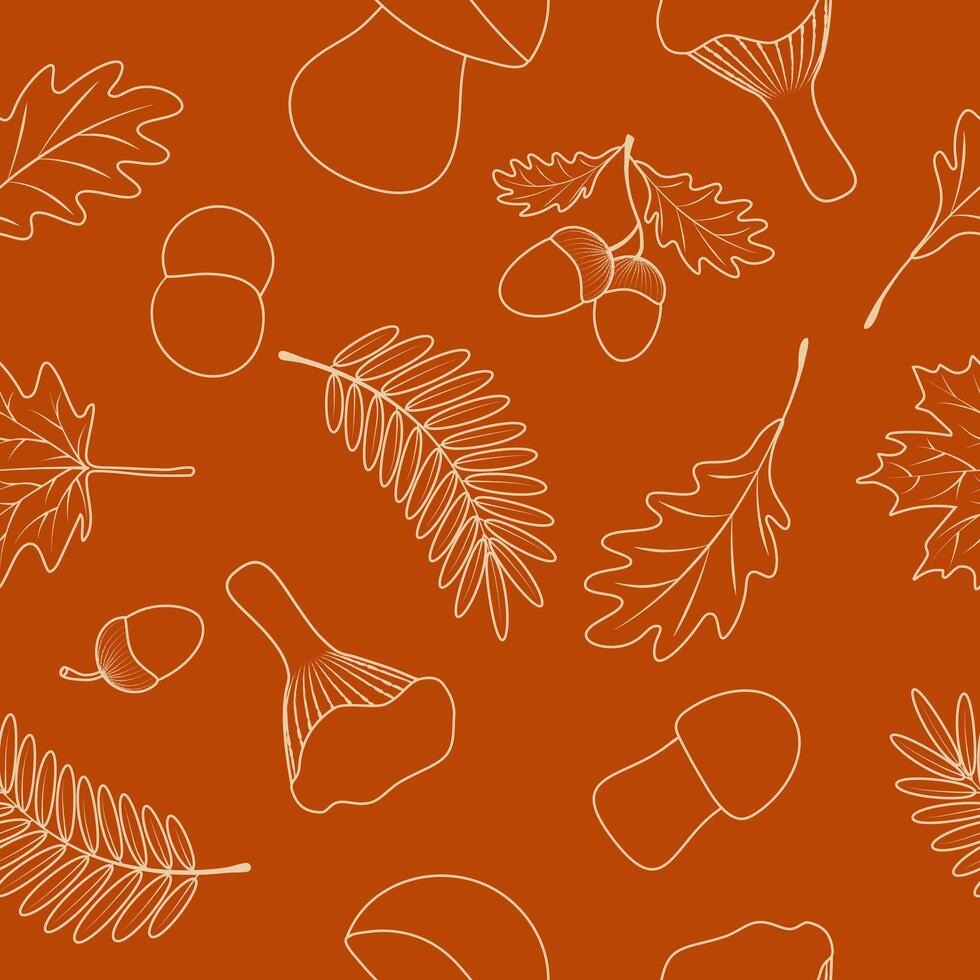 Seamless pattern with maple leaves, acorns, oak leaves, rowan leaves, ceps, mushrooms on brwn background. vector