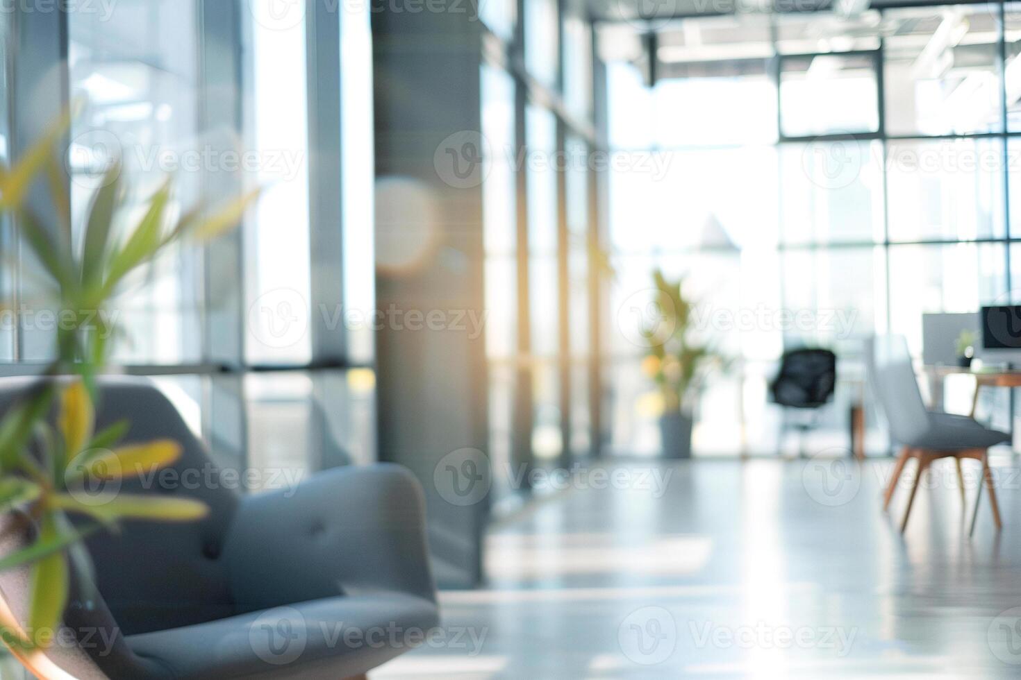 Empty office with large windows with office equipment, devices and furniture photo