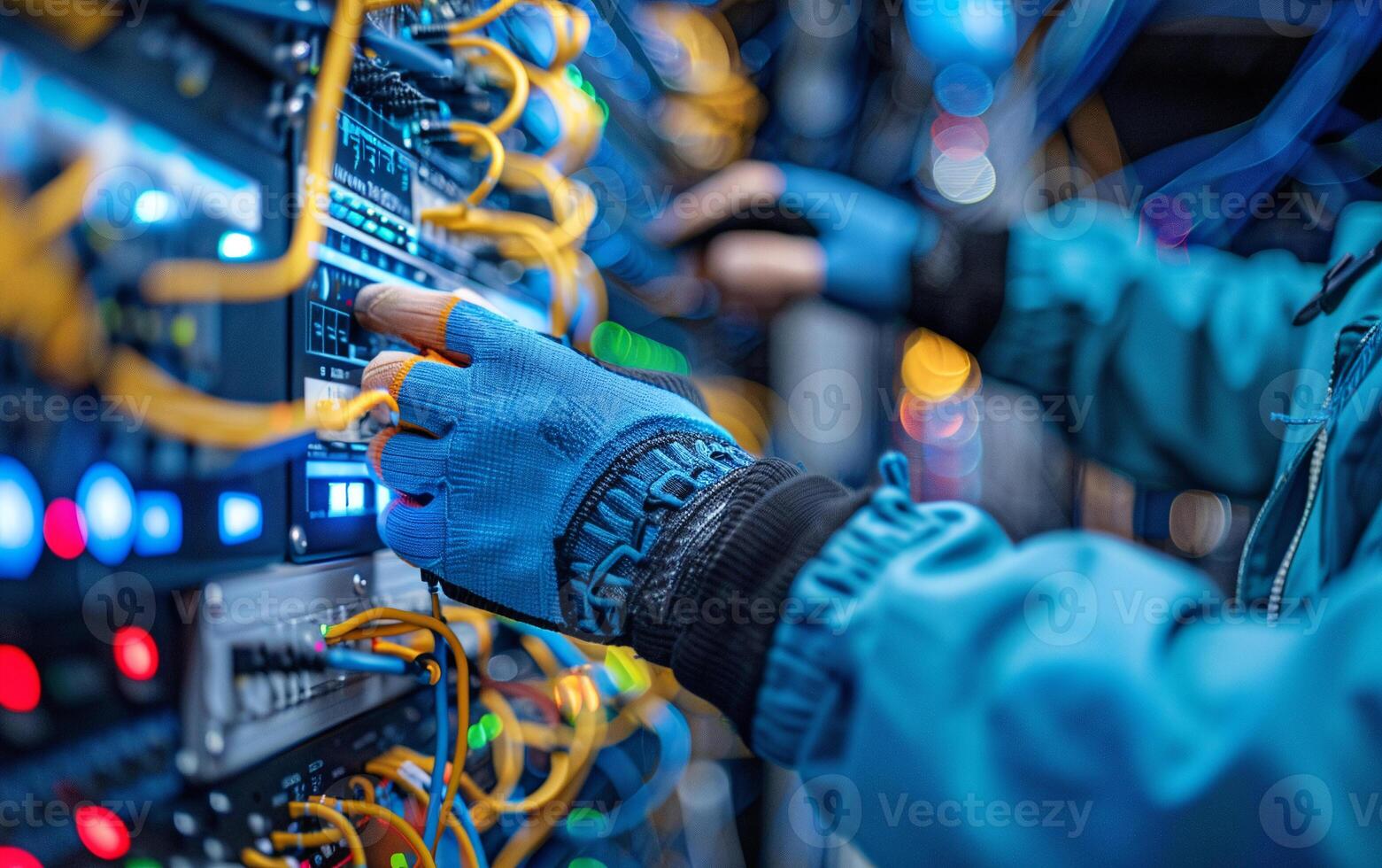Technician or system administrator with gloves works with patch panels in server room. Close-up photo