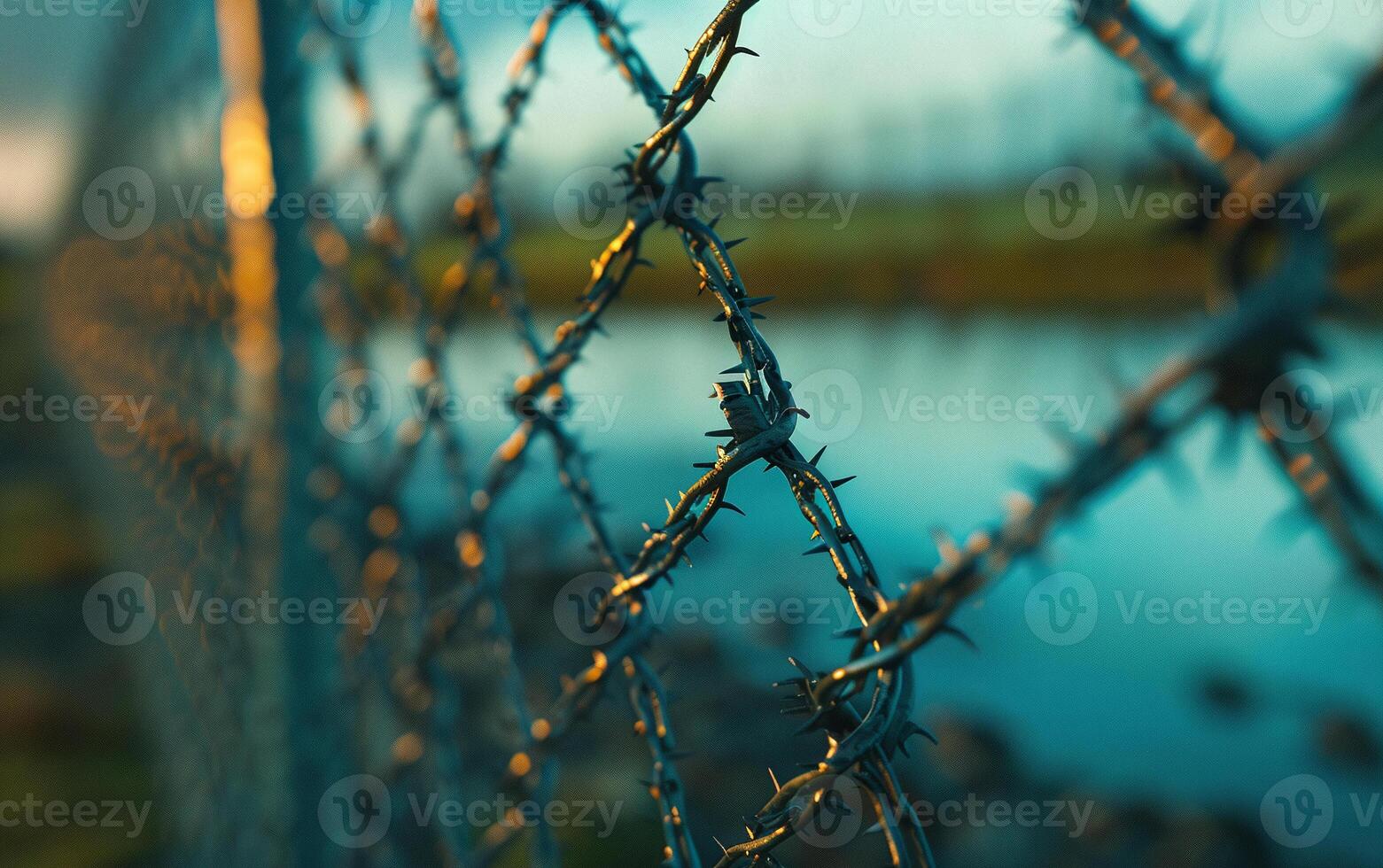 Fence with metal mesh and barbed wire to ensure security on territory. Photo from the side