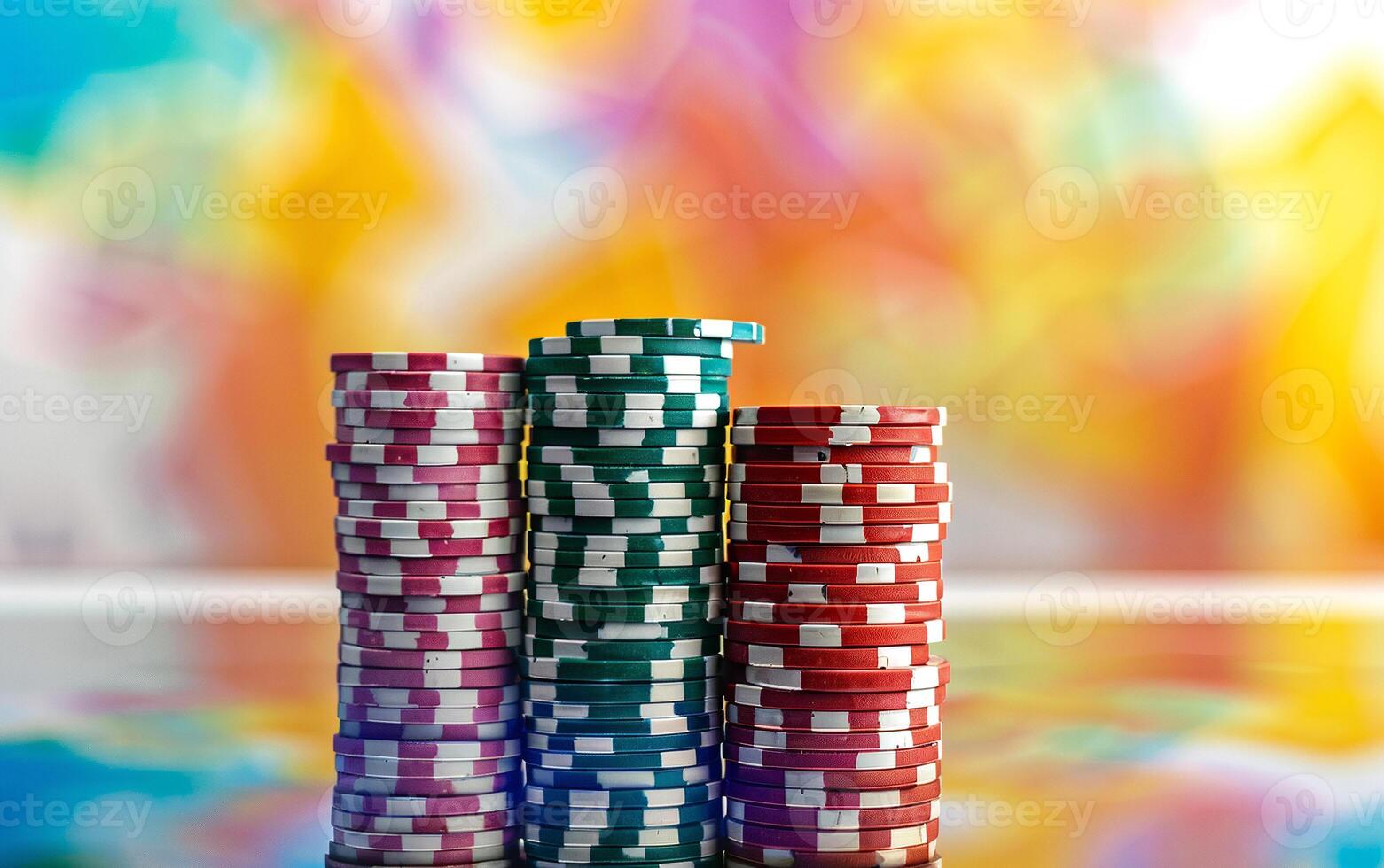 A large number of multi-colored poker chips. Big wins and excitement of the game photo