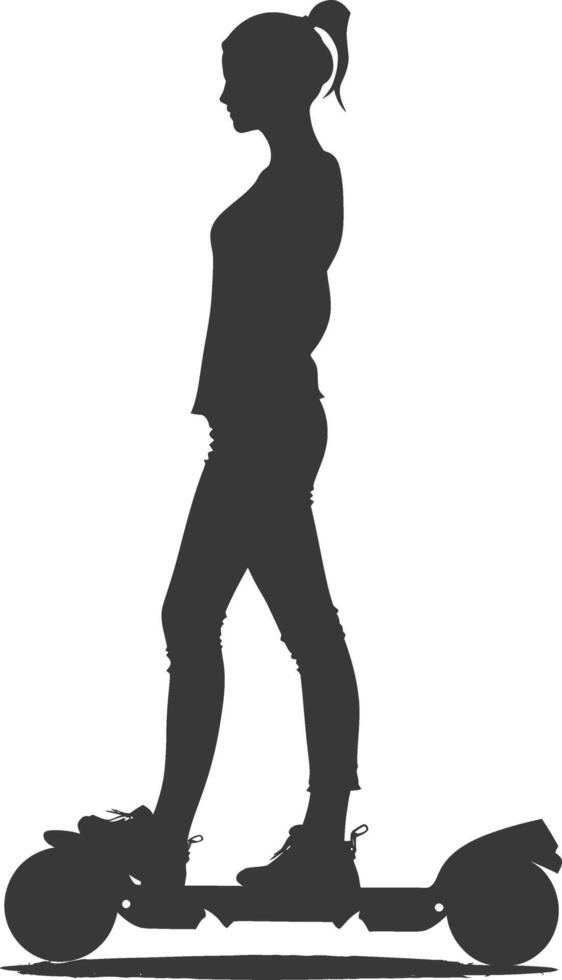 Silhouette woman riding hoverboard full body black color only vector