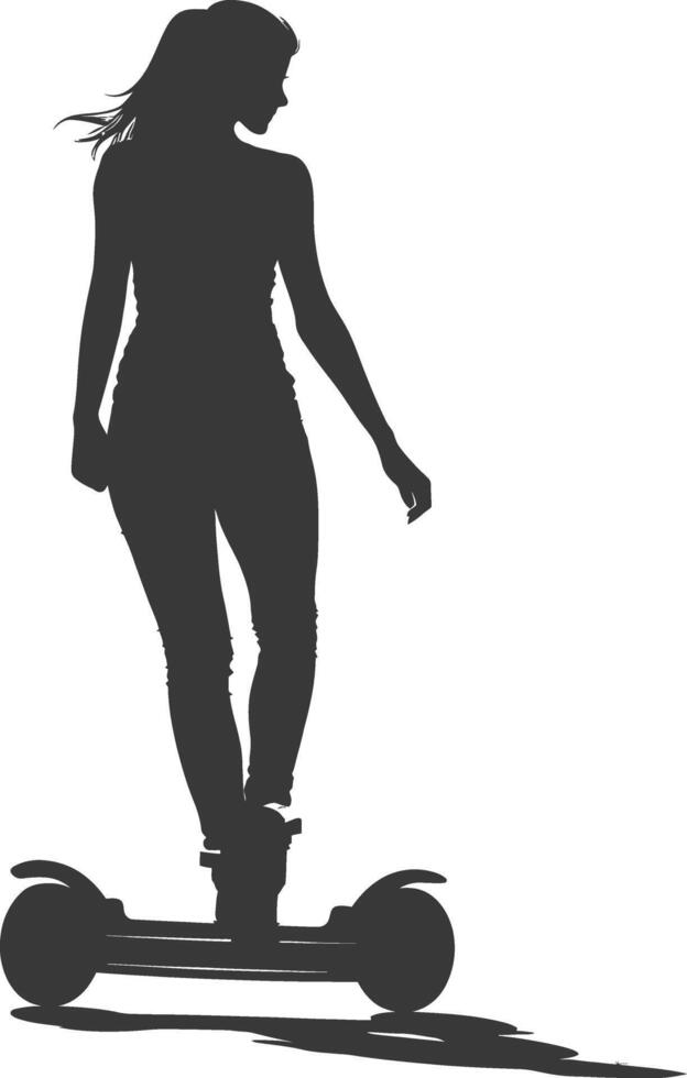 Silhouette woman riding hoverboard full body black color only vector