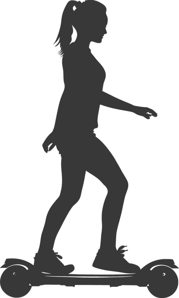Silhouette woman riding hoverboard full body black color only vector