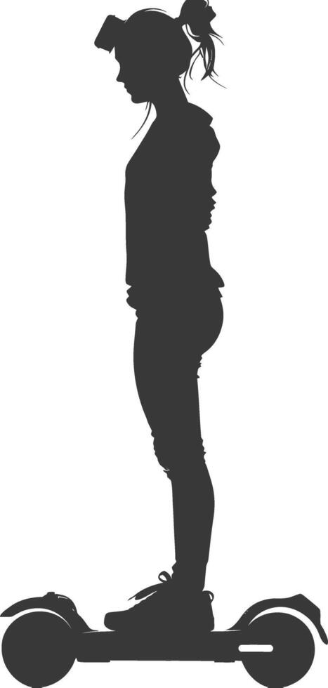Silhouette woman riding hoverboard full body black color only vector