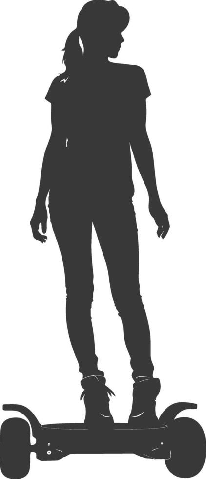 Silhouette woman riding hoverboard full body black color only vector