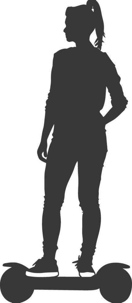 Silhouette woman riding hoverboard full body black color only vector