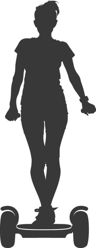 Silhouette woman riding hoverboard full body black color only vector