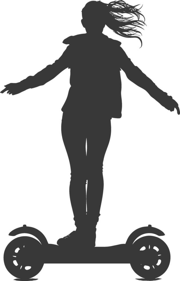 Silhouette woman riding hoverboard full body black color only vector