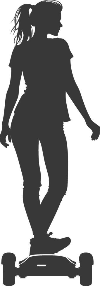 Silhouette woman riding hoverboard full body black color only vector