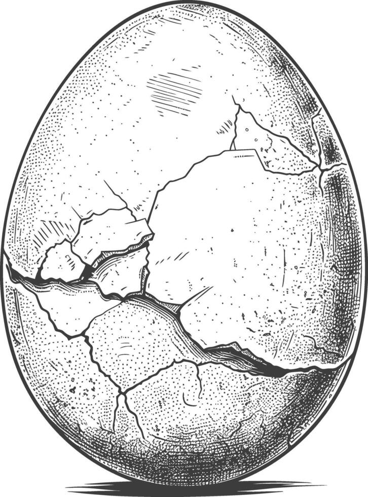 cracked egg with engraving style black color only vector