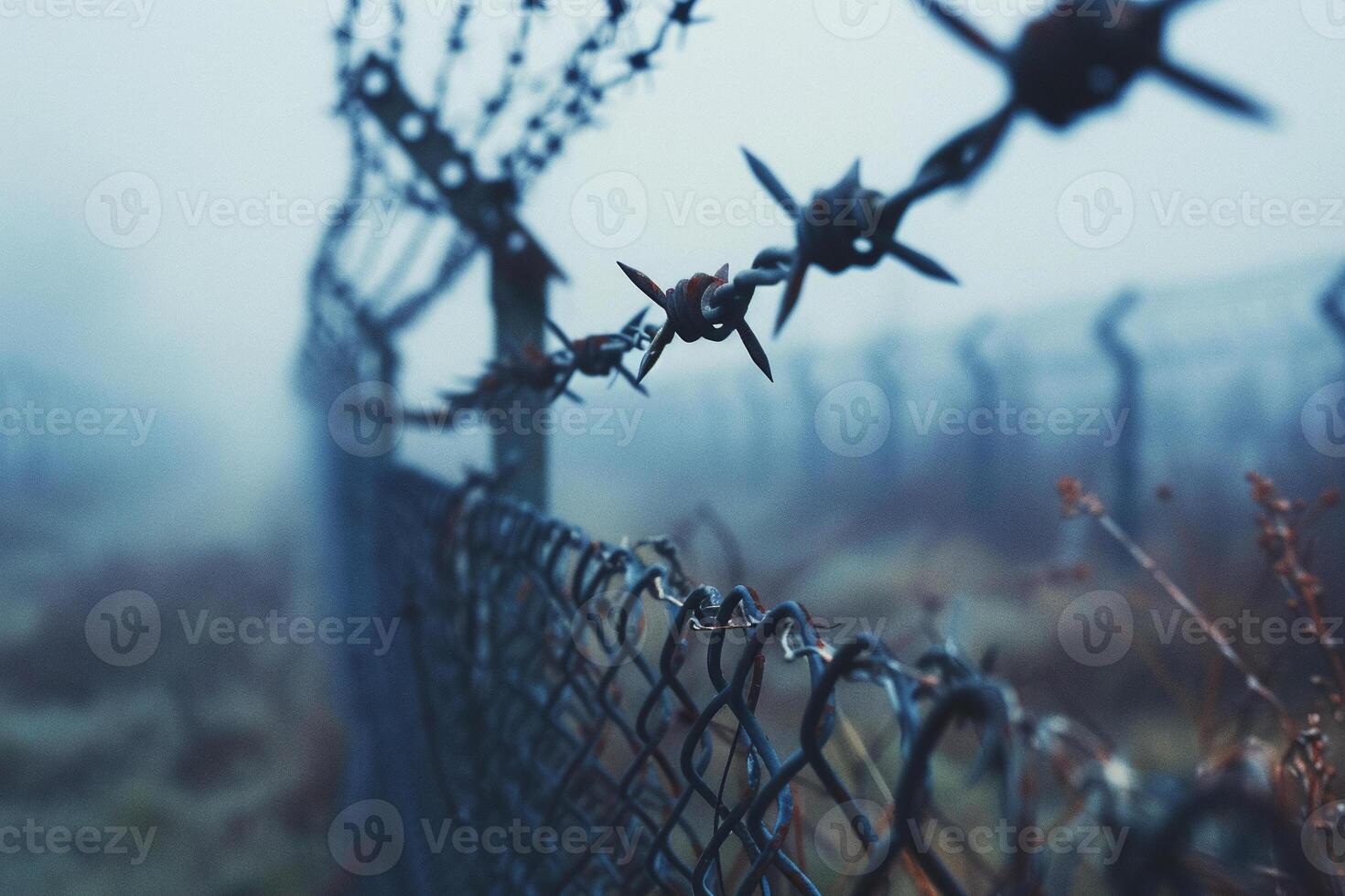 Fence with metal mesh and barbed wire to ensure security on territory. Photo from the side