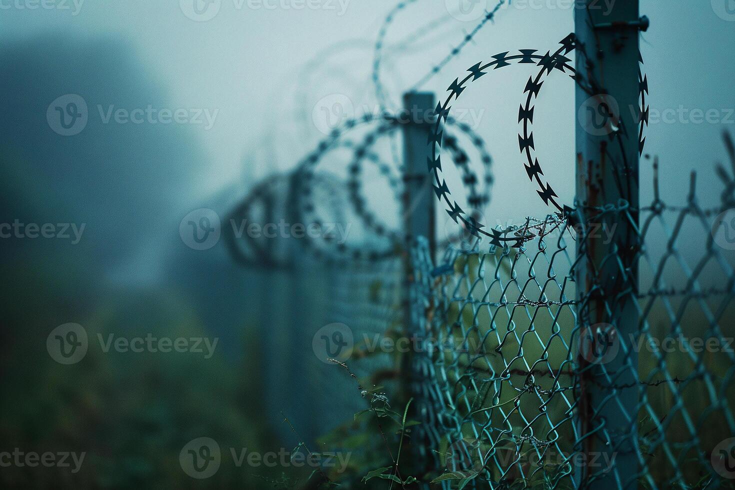 Fence with metal mesh and barbed wire to ensure security on territory. Photo from the side