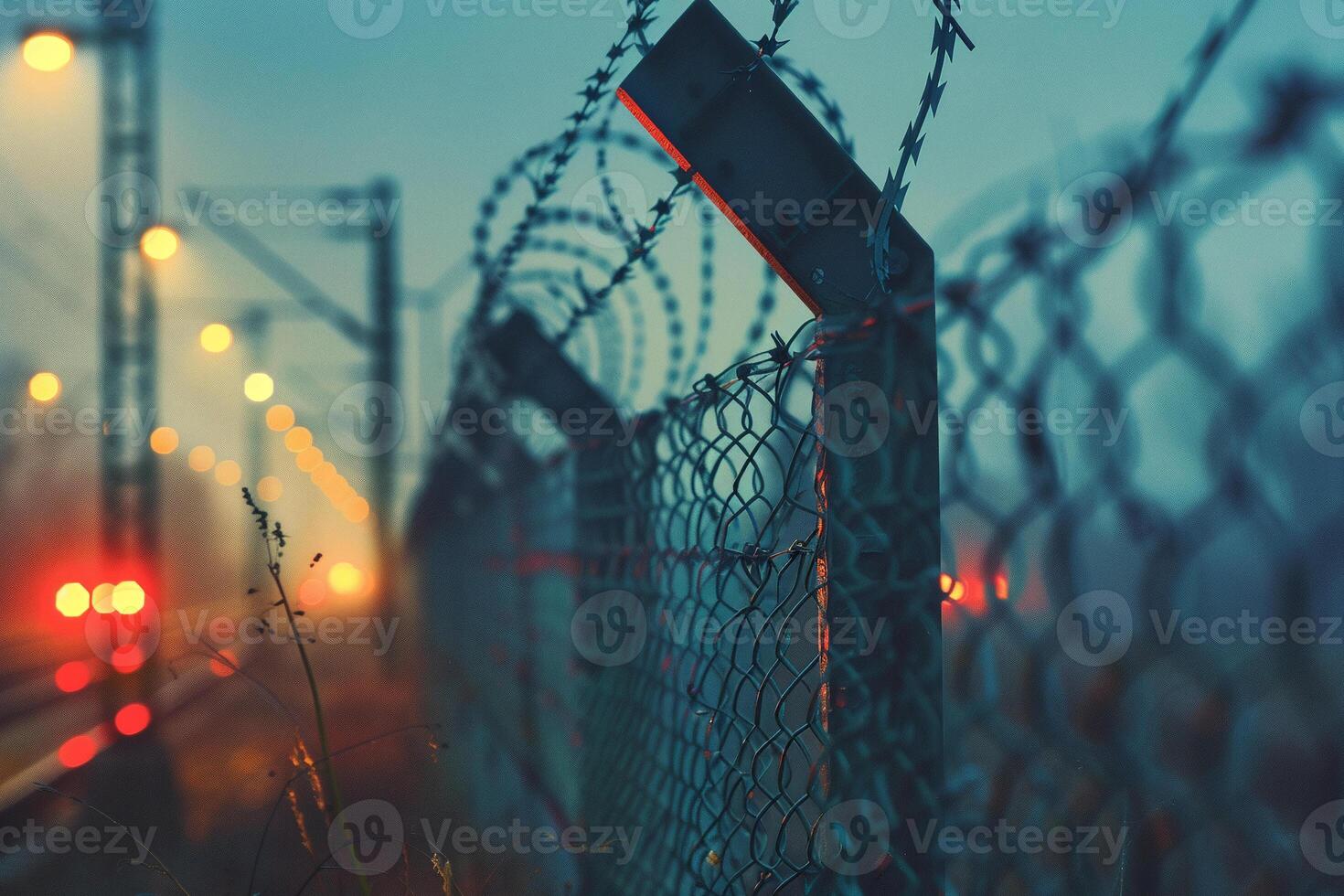 Fence with metal mesh and barbed wire to ensure security on territory. Photo from the side