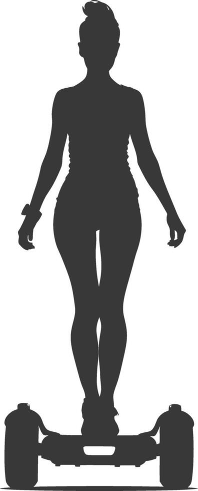 Silhouette woman riding hoverboard full body black color only vector