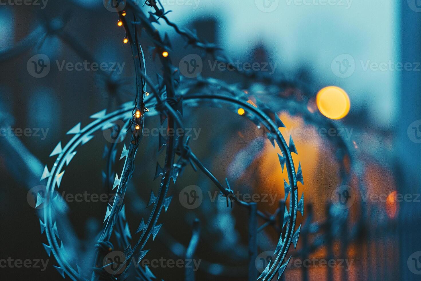 Fence with metal mesh and barbed wire to ensure security on territory. Photo from the side