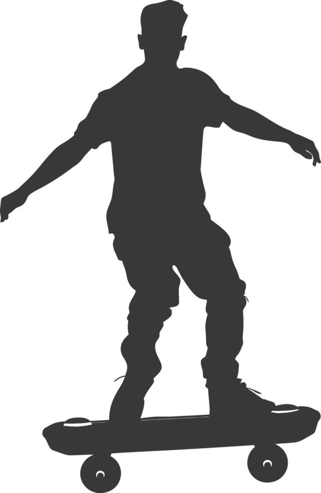 silhouette man riding hoverboard full body black color only vector