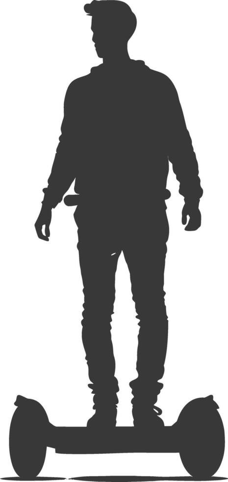 silhouette man riding hoverboard full body black color only vector