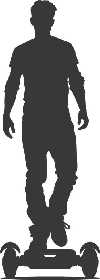 silhouette man riding hoverboard full body black color only vector