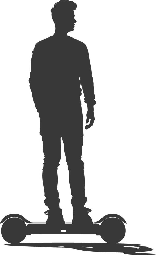 silhouette man riding hoverboard full body black color only vector