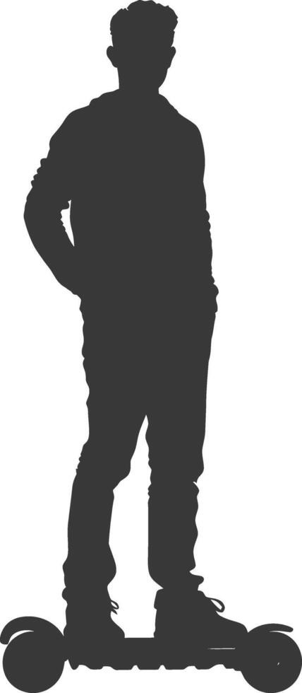 silhouette man riding hoverboard full body black color only vector