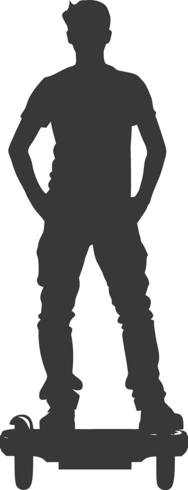 silhouette man riding hoverboard full body black color only vector