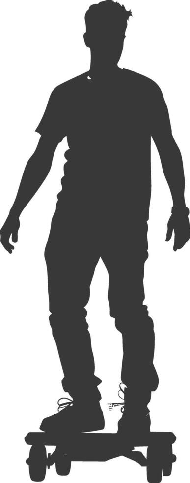 silhouette man riding hoverboard full body black color only vector