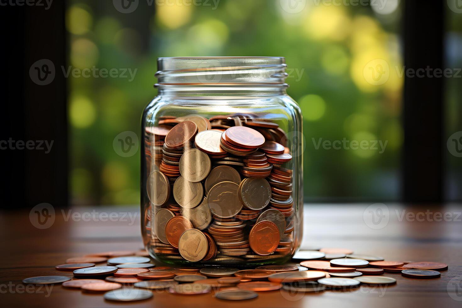 Large number of coins in glass jar. Saving or collecting money for specific purpose. Management and money collection concept photo