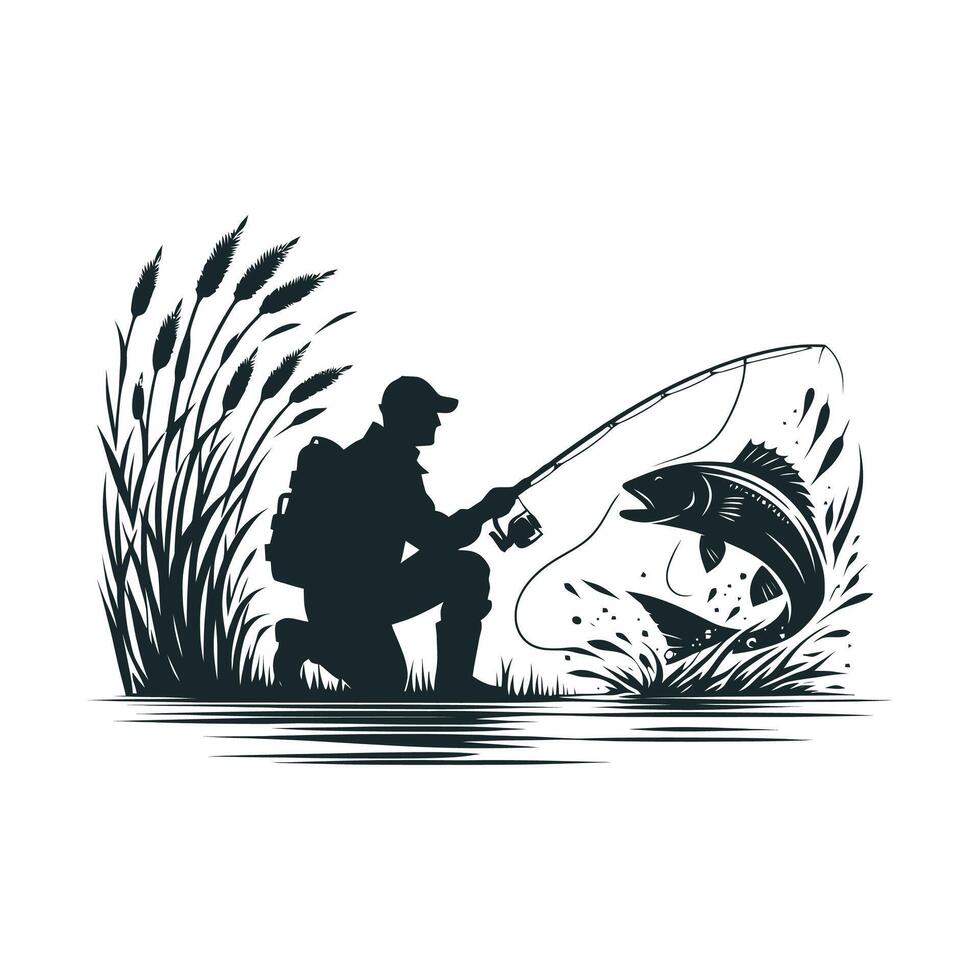fishing silhouette, fisherman clipart, hunting silhouette, fisherman flat design, fishing design, fishing graphic illustration. vector