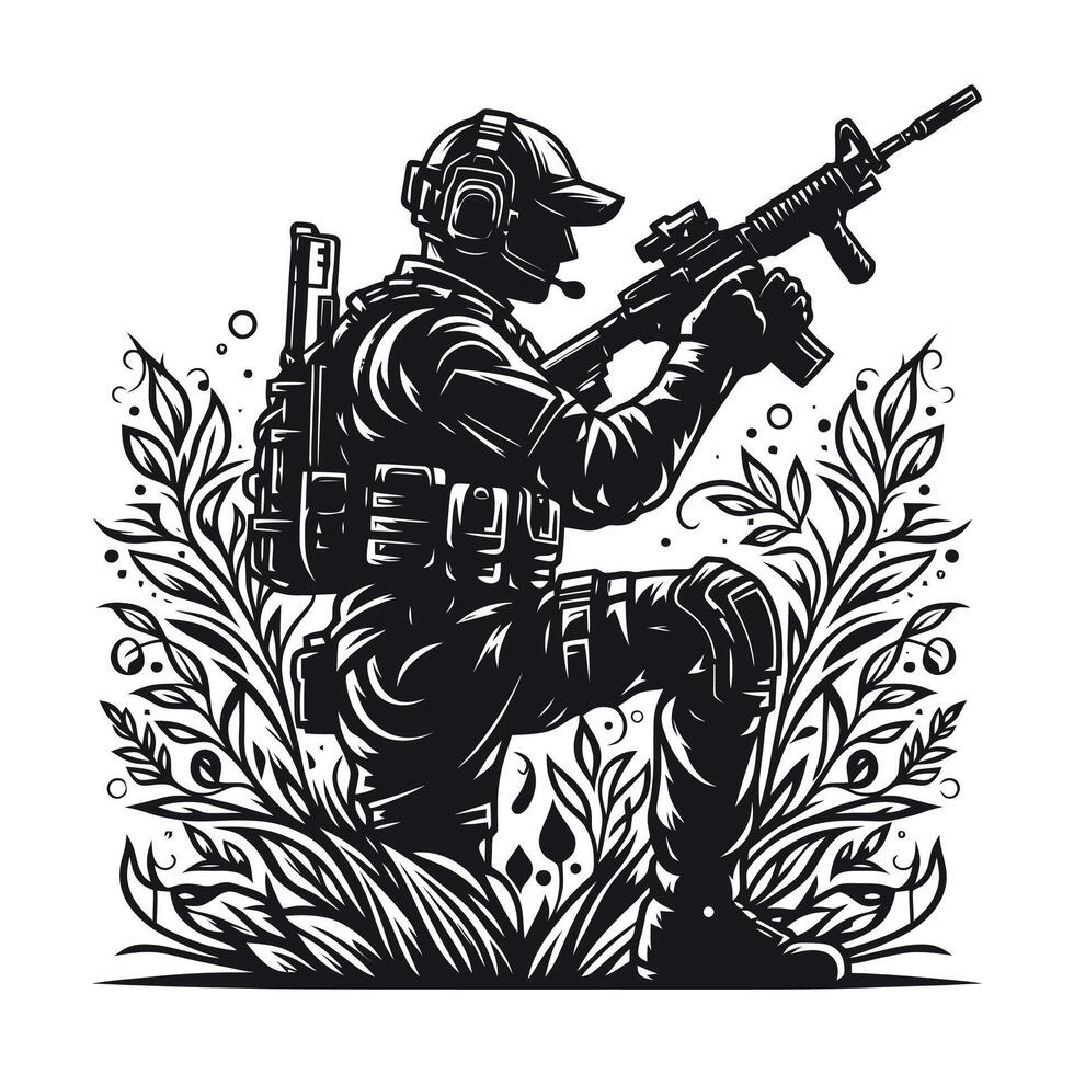 soldiers with guns and backpacks silhouette design template illustration vector