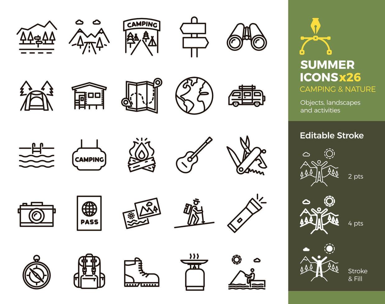 Summer icons, Camping and Nature. Objects, landscapes and activities. Thin line illustration. Editable stroke, easily editable. Vacation in mountains, adventure outdoors, traveling. vector
