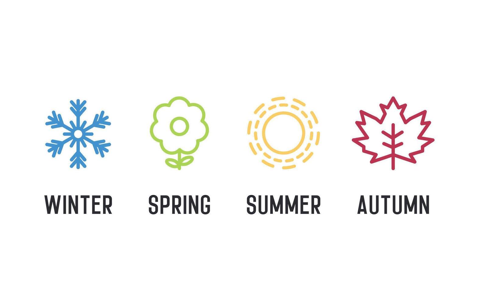 Four seasons icon set. 4 graphic element illustrations representing winter, spring, summer, autumn. Snowflake, flower, sun and maple leaf vector
