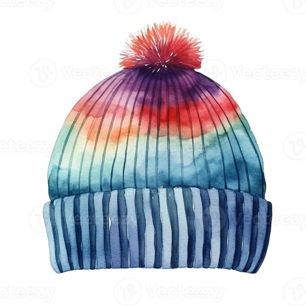 A colorful knitted beanie with a pom pom on top. The beanie is tie-dyed in shades of blue, green, and pink. png