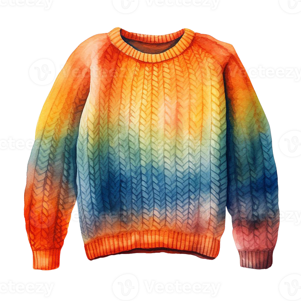 A colorful knitted sweater with ombre pattern in orange, yellow, blue and red. png