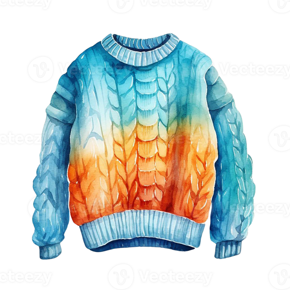A colorful knitted sweater with a gradient of blue, orange, and yellow. png