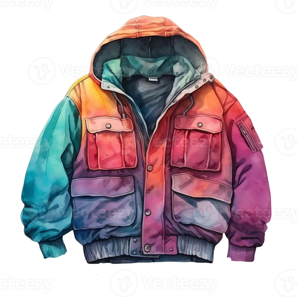 A colorful, vibrant hooded jacket with multiple pockets and a tie at the waist. png