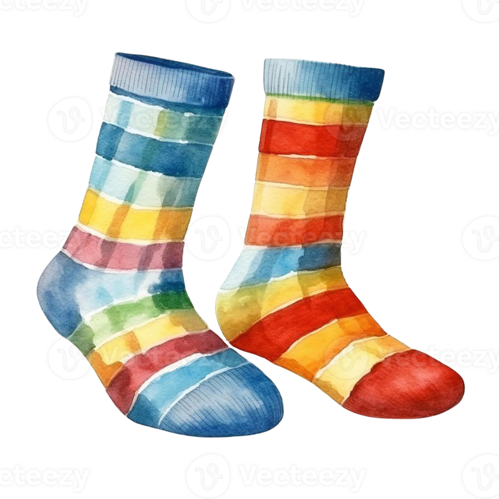 Pair of colorful striped socks in watercolor style. Perfect for a whimsical and playful design. png