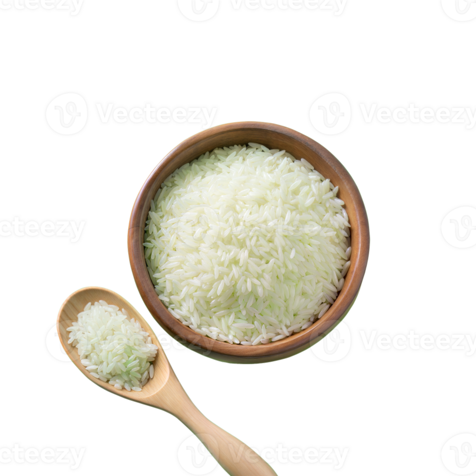 White Cooked Rice in Wooden Bowl and Spoon png