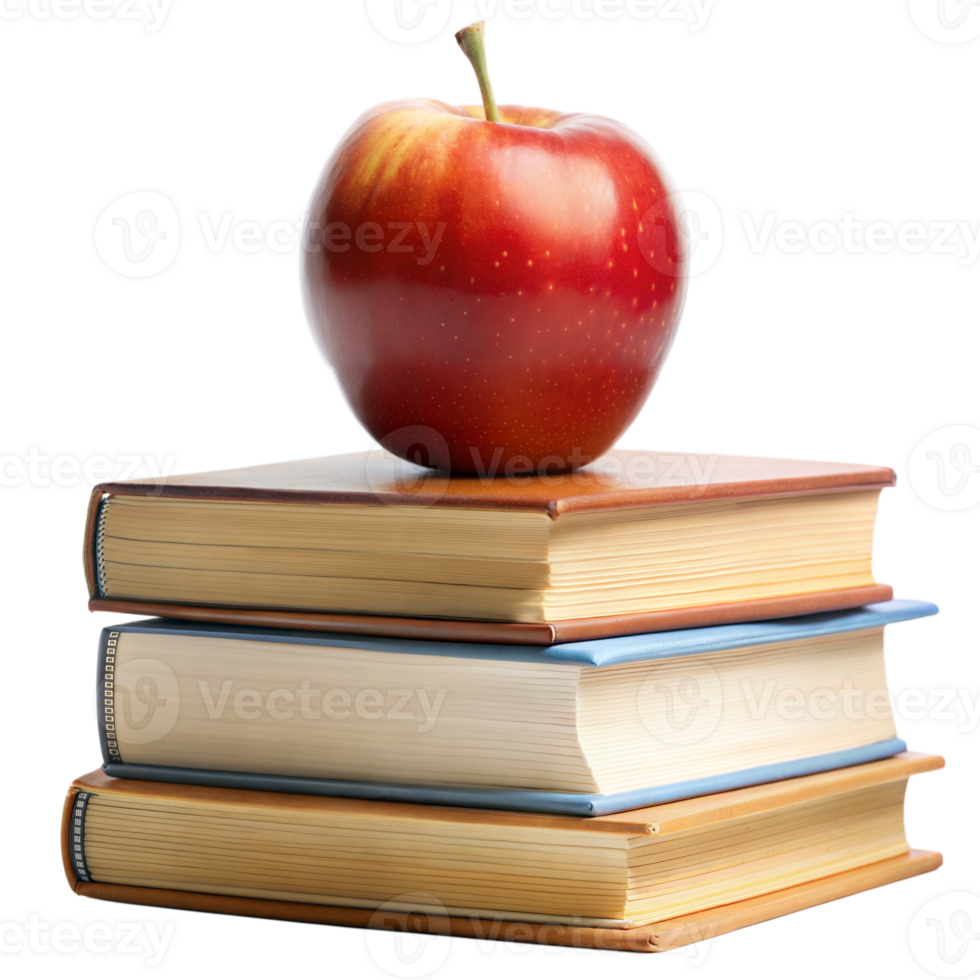 Red Apple Resting On Top Of Stacked Books png