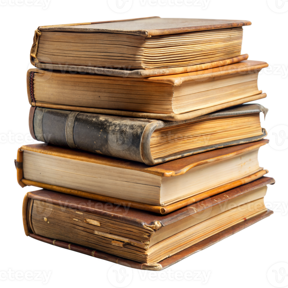 Stack of Five Vintage Hardcover Books With Worn Pages and Leather Binding png
