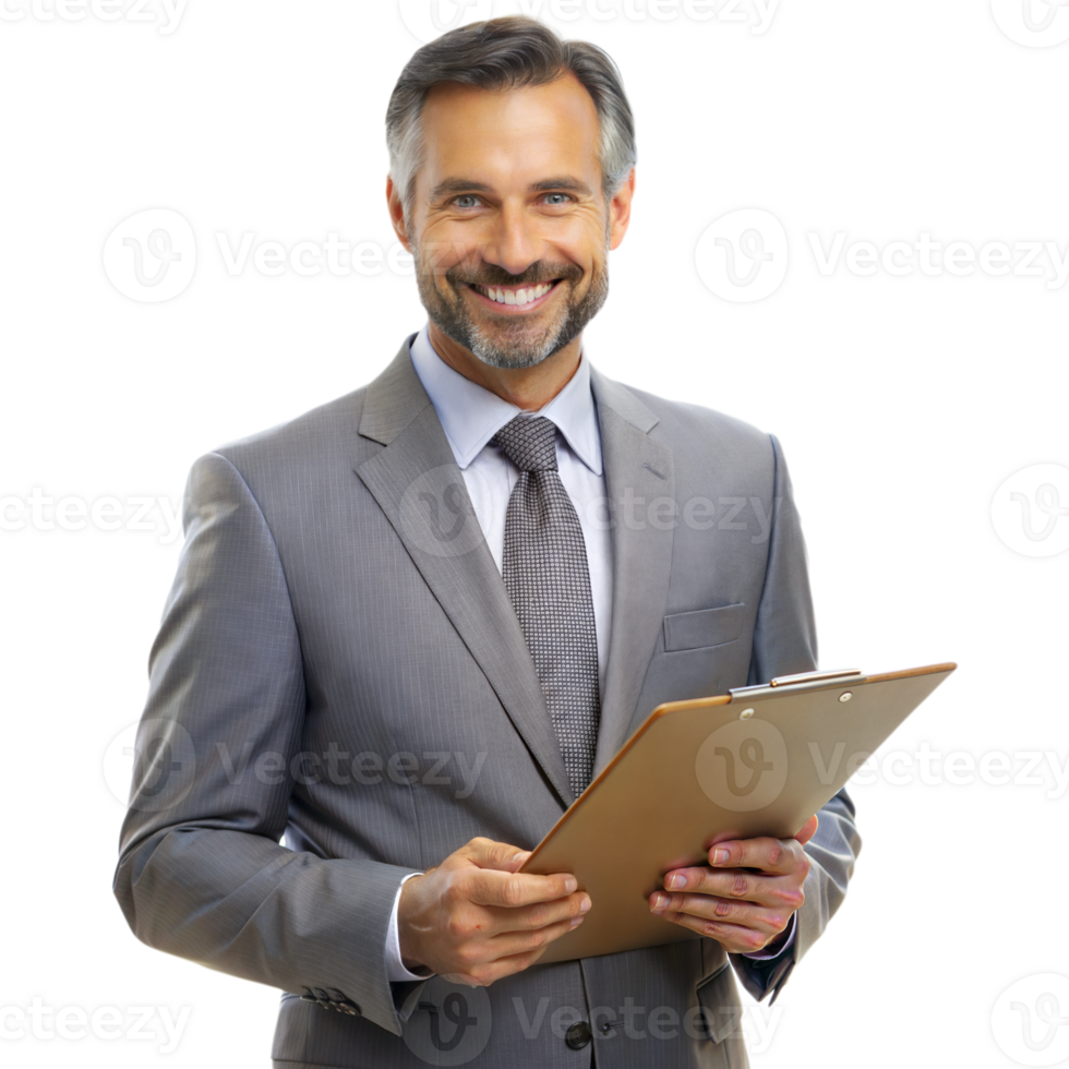Smiling Businessman Holding Clipboard in Suit png